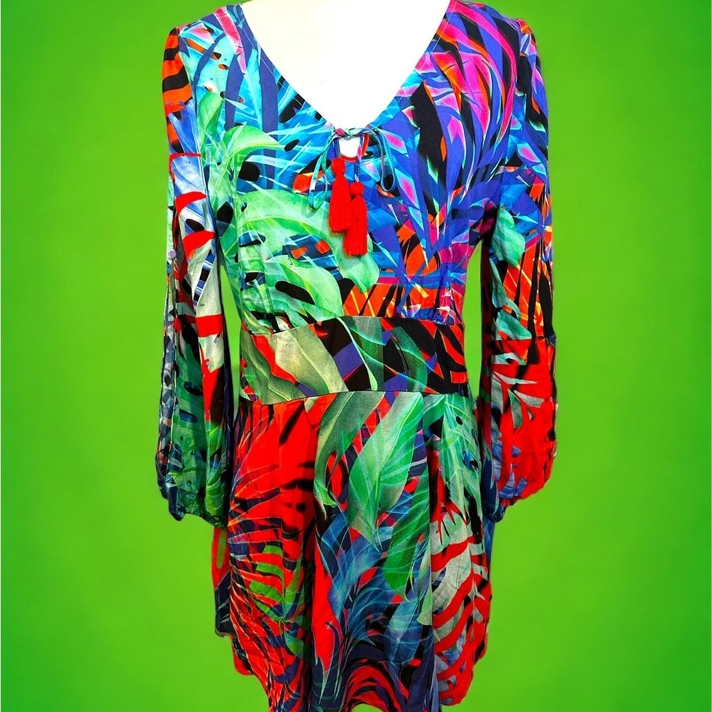 Farm Rio NWT sz Small vibrant green‎ blues reds cut out long sleeve mini dress